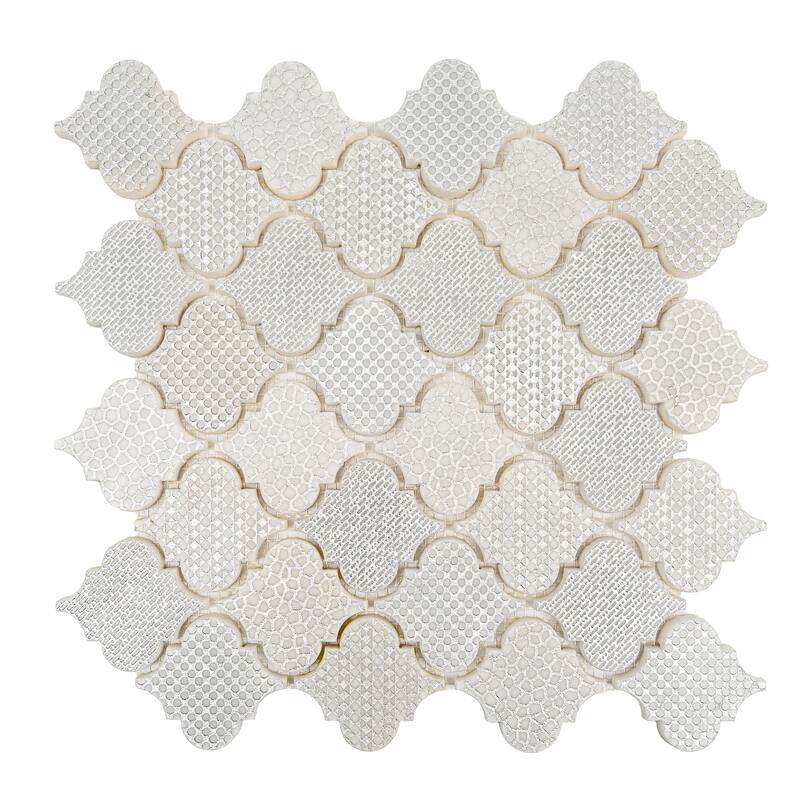Artisana 12x12 in Textured, Foiled Resin Arabesque Lantern Mosaic Wall Tile (5 sq ft/case, 5-Pack) - Silver White