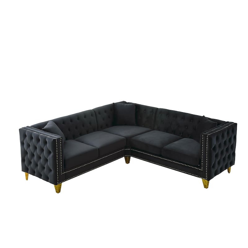 Velvet L Shaped Sofa Couch, Tufted Upholstered Sectional Couch, 5 Seater Corner Sofa with Tapered Legs & 3 Pillows