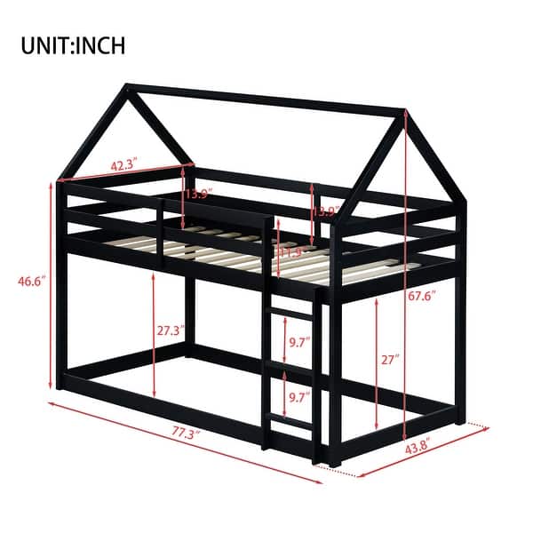 Twin over Twin Rubber Wood Floor Bunk Bed with Ladder & Guardrails, Black