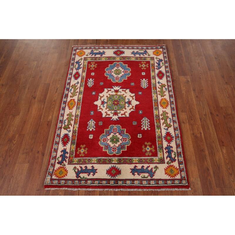 Red Kazak Accent Rug Handmade Oriental Wool Carpet - 2'10" x 4'0"