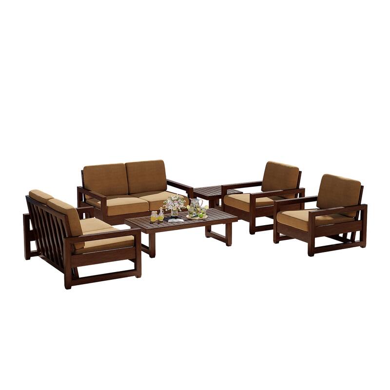 7-Piece Outdoor Teak Wood Conversation Set with Loveseat, Chairs and Tables