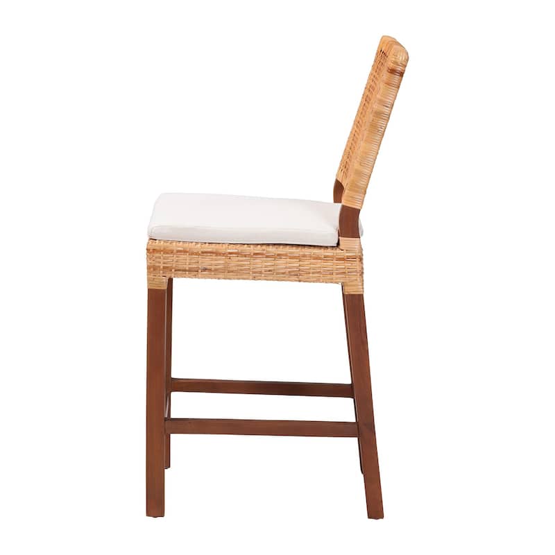 Lesia Natural Rattan Counter Stool with Cushion - Handwoven Wicker Stool with Mahogany Wood Frame, Coastal Boho Style