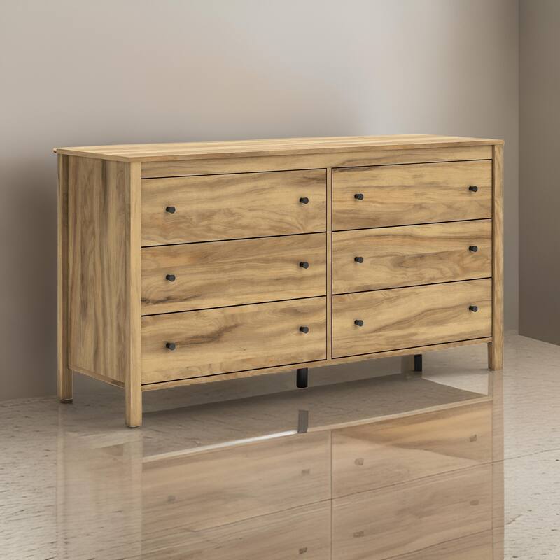 Maci Wide Dresser, 6 Drawers, Light Natural Brown Wood Finish, 61 Inch