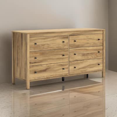 Maci Wide Dresser, 6 Drawers, Light Natural Brown Wood Finish, 61 Inch