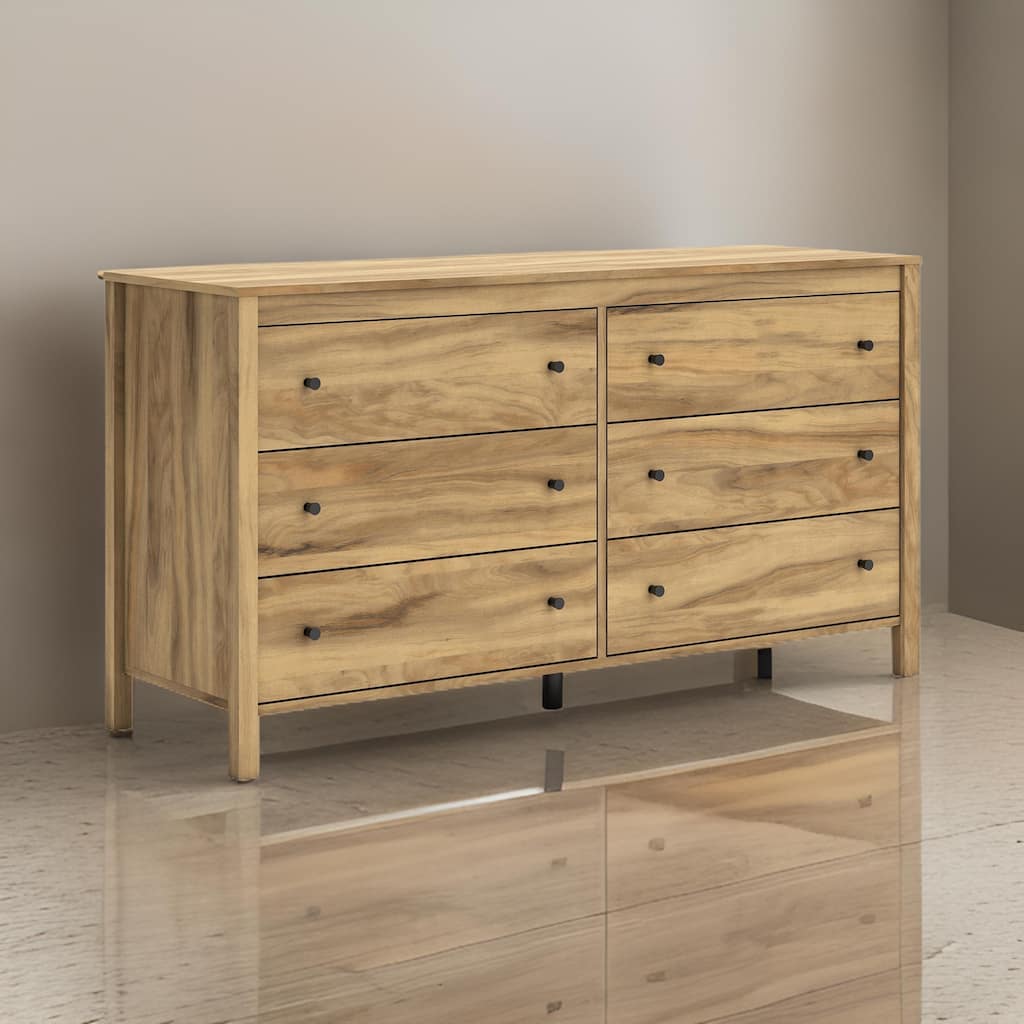 Maci Wide Dresser, 6 Drawers, Light Natural Brown Wood Finish, 61 Inch