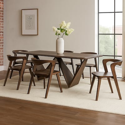 Rumy 7pc Extendable Dining Table Set, 6 Chairs, Diamond Edge, Brown