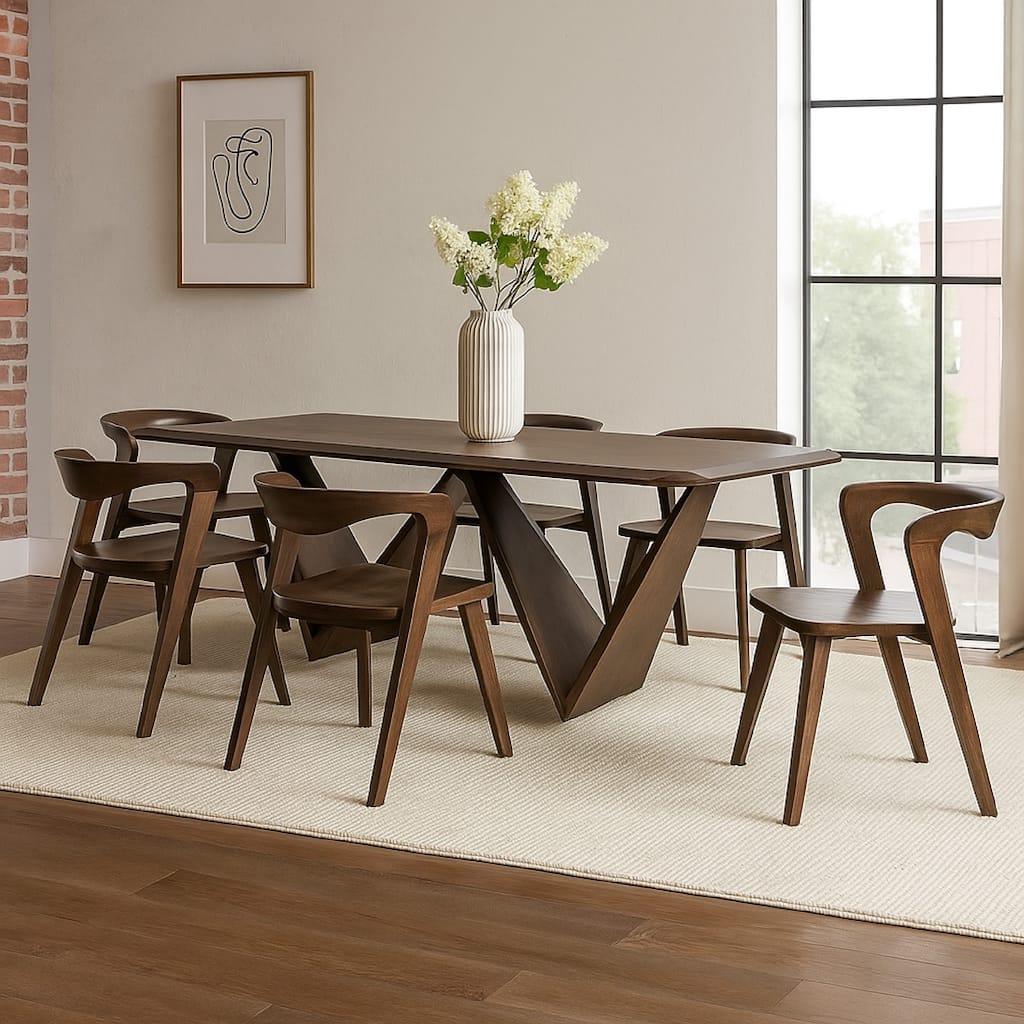 Rumy 7pc Extendable Dining Table Set, 6 Chairs, Diamond Edge, Brown