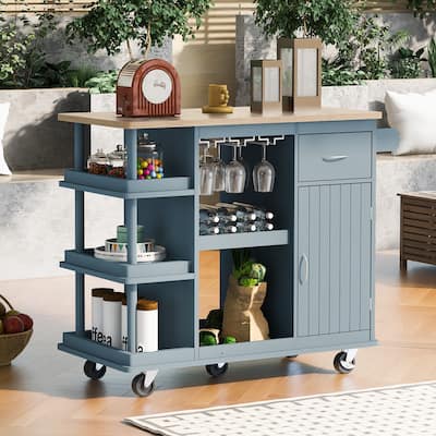Multipurpose Kitchen Cart with Spice Rack, Drawer, Cabinet, Adjustable Shelves, 5 Wheels, Kitchen Island with Wine Rack