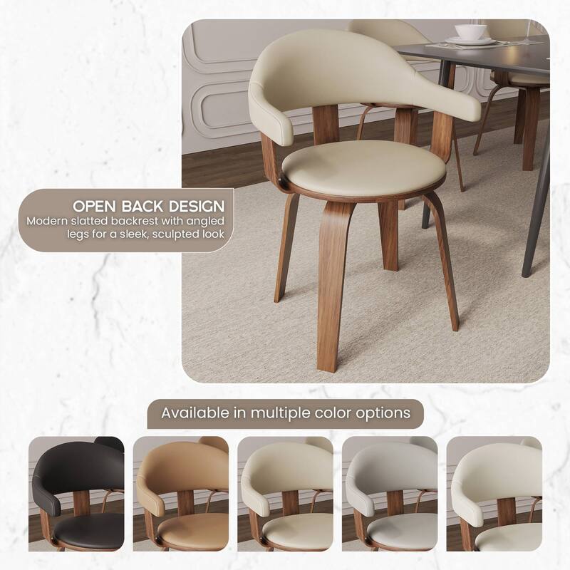 Leather Dining Chair in Solid Wood Accent Arm Chair Open Curved Back Design