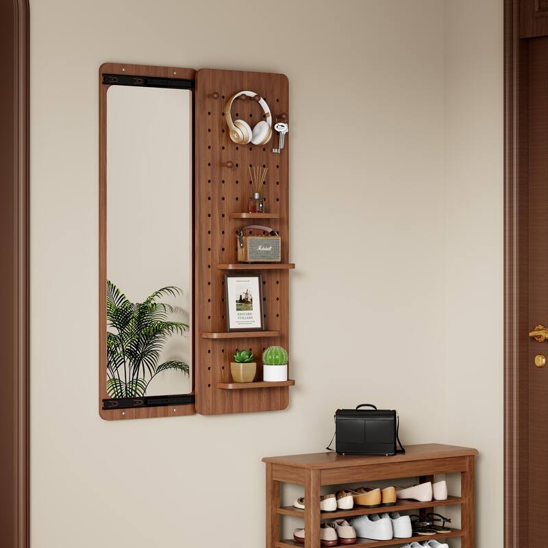 Wall Mounted Full Length Mirror with Shelf and Hook Wall Mounted Mirror with Multifunctional Design Panel(47.6*15.7in) - Walnut