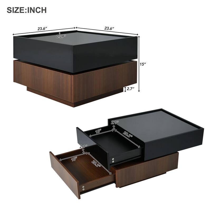 360 degree Rotating 2 Tier Square Coffee Table With 2 Drawers And Swivel Tabletop