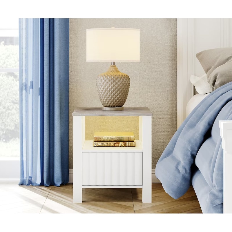 End Side Table with LED Light, White Nightstand with Storage(Set of 2)