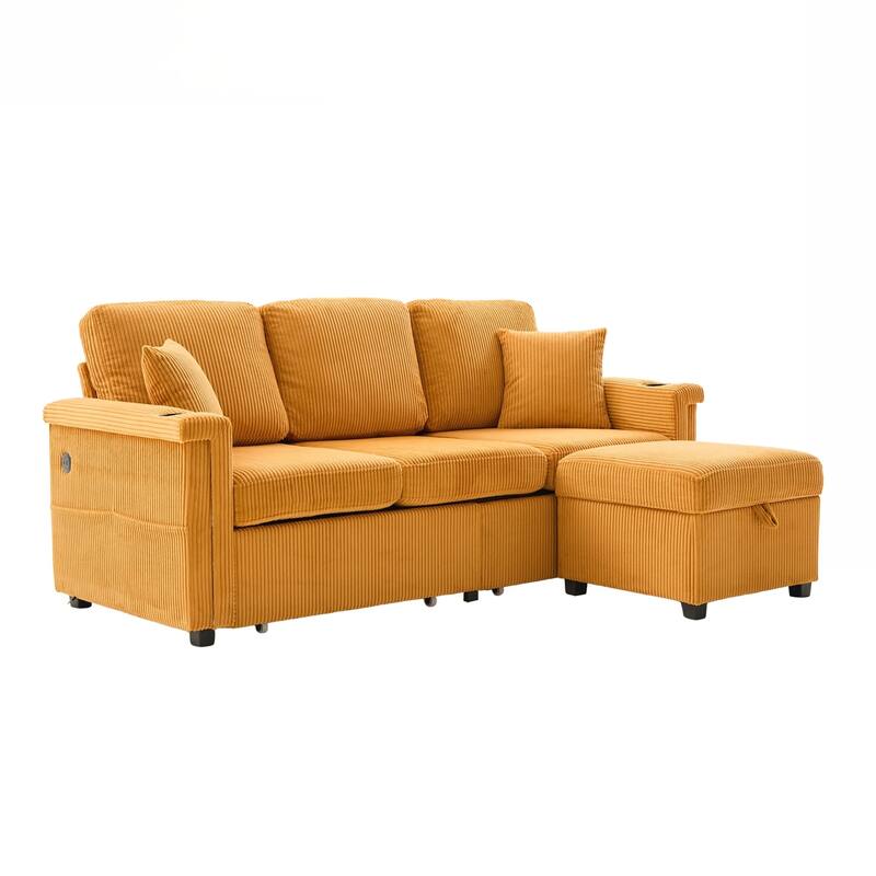 L-Shaped Sectional Sofa with Pull-Out Storage,Ottoman & Pillows 3-Seat with USB Charging,Cup Holder, Convertible Design
