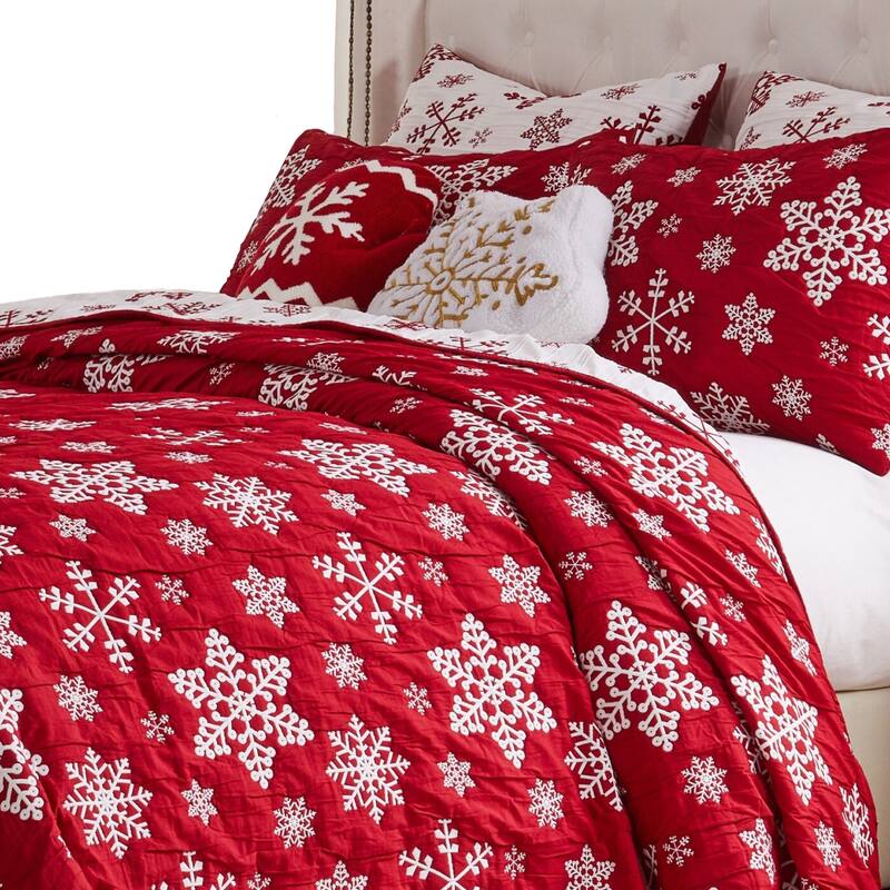 Flok 2 Piece Twin Quilt Set, Red and White Polyester, Snowflake Theme