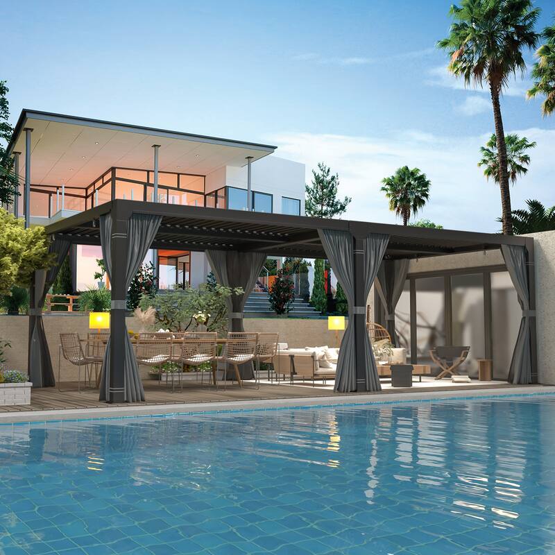 EROMMY 12x20 Adjustable Metal Roof Gazebo, Louvered Pergola for Outdoor Use, Includes Curtains and Netting for Patio