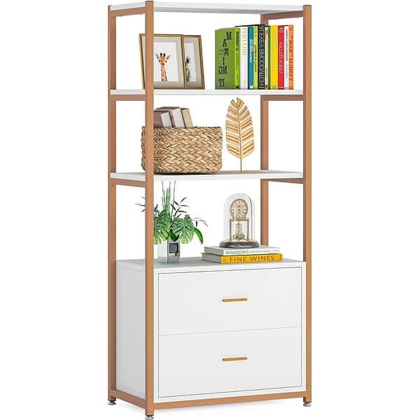 slide 2 of 2, Bookshelf,5-Tier Industrial Bookcase,Display Shelf Decorative Shelf Wood Storage Rack Golden