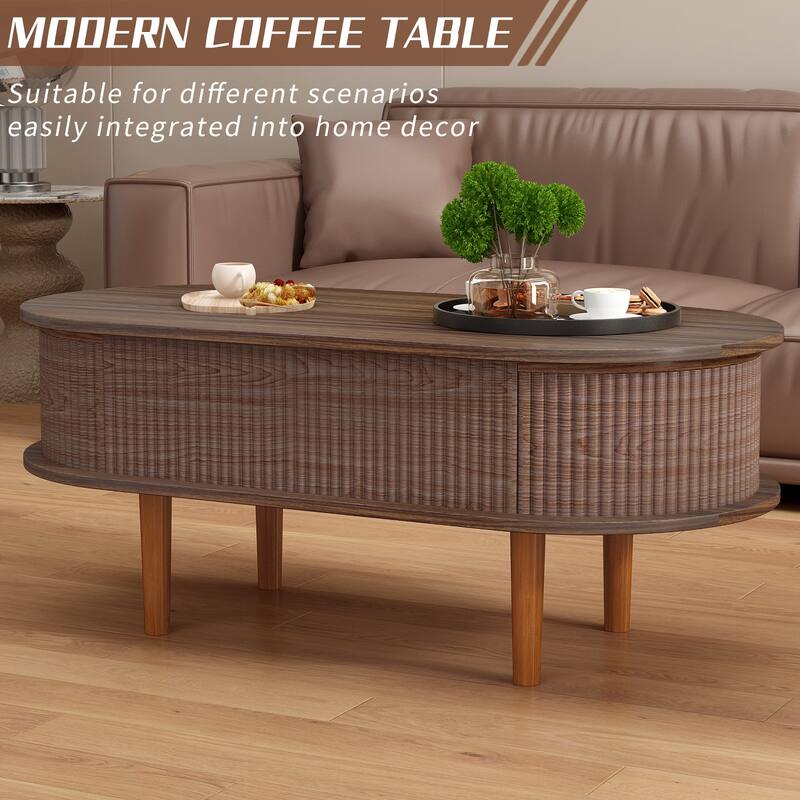 Fluted Lift Top Coffee Table with Hidden Compartment, Wooden Center Table, Modern Oval Lift Tabletop for Home Living Room