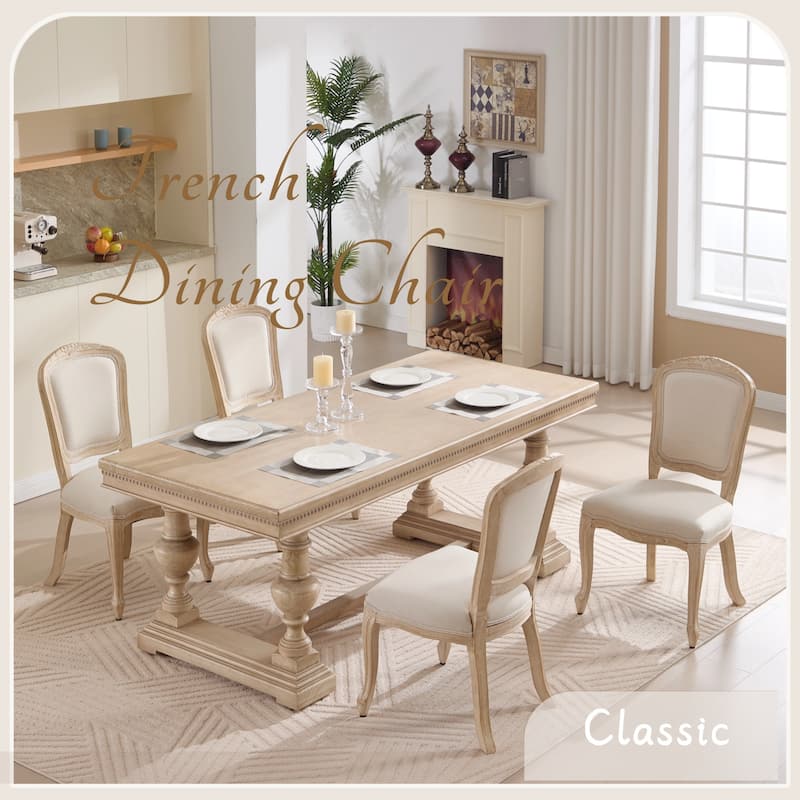 Cotton Linen Dining Chairs Set of 2, Upholstered Armless Side Chair, Kitchen Chairs with Fan-Shaped Back & Solid Wood Legs