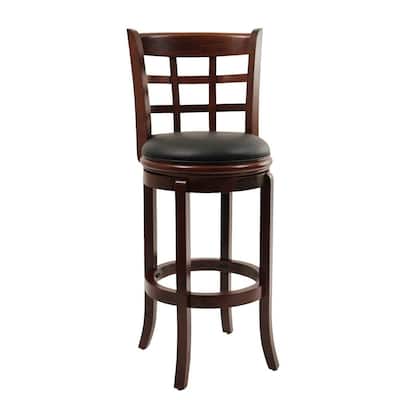 24 inch Swivel Counter Stool, Solid Wood, Faux Leather, Brown and Black - 19.5 L x 18 W x 43.5 H