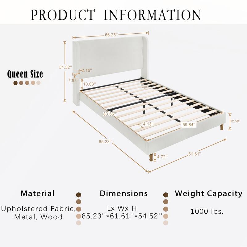 Queen Size Bed Frame High Headboard Upholstered Platform Bed