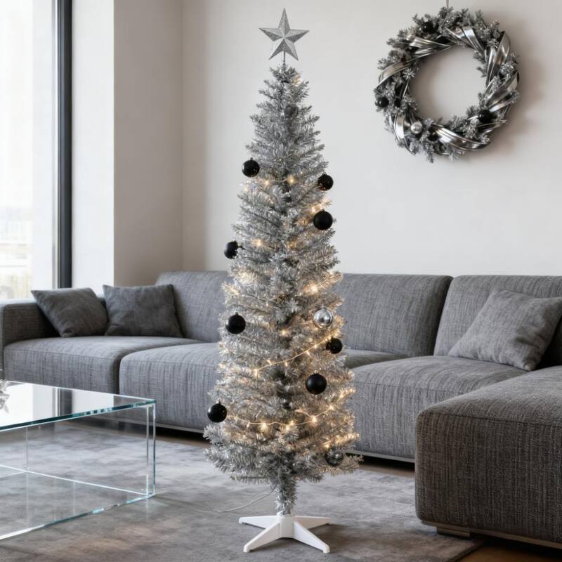 Slim Xmas Tree,Artificial Pencil Christmas Tree,with 390 Realistic Branch Tips and Plastic Stand - Silver - Silver