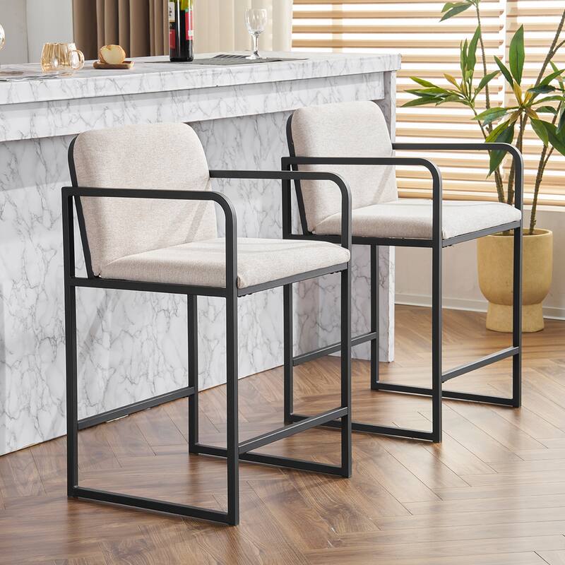 Upholstered Counter Height Bar Stool Set of 2, Armchair with Metal Frame