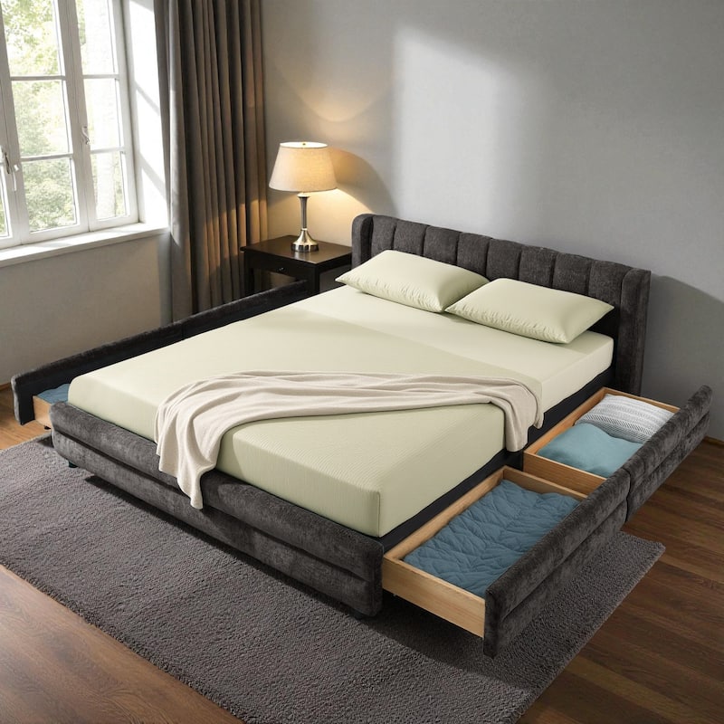 Queen Size Upholstered Bed Frame with Chenille Headboard and Underbed Storage Drawer, Solid Platform Design - Dark Grey - Queen