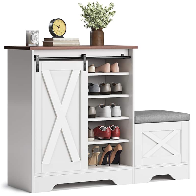 Farmhouse Entryway Shoe Bench with Storage and Cushioned Seating - White Sliding Door Cabinet