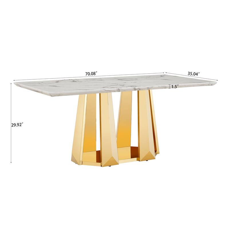 70'' Rectangle Faux Marble Dining Table with Mirrored Finish Stainless Steel Base - Gold+White