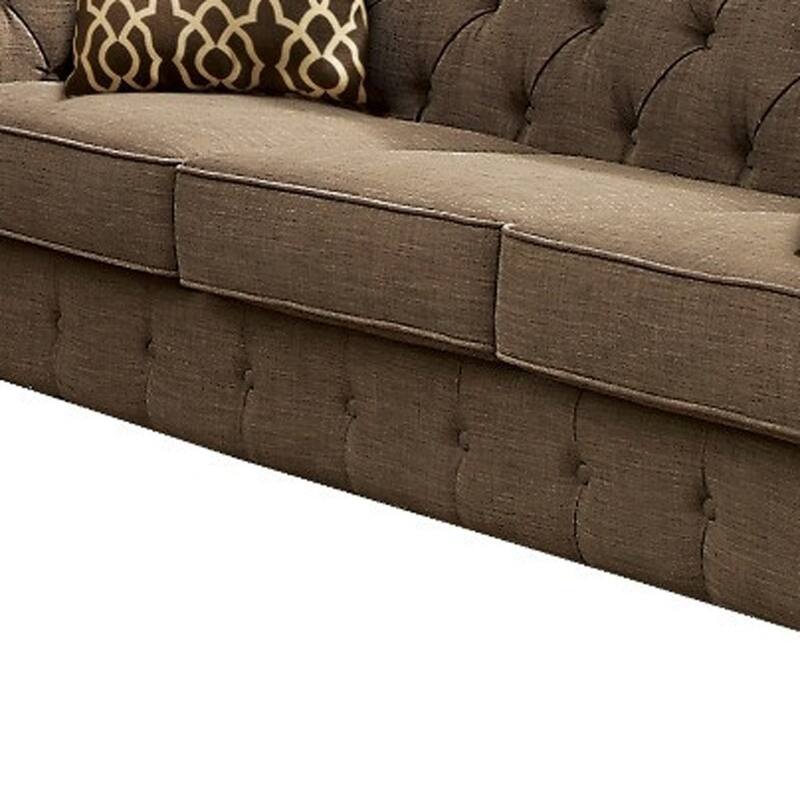 HomeRoots 90" Brown Linen Chesterfield Sofa And Toss Pillows - 90