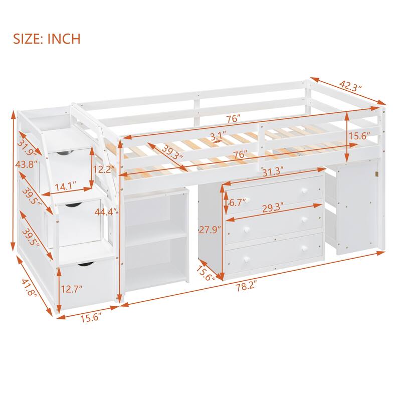 Pine Wood Low Loft Bed with Storage Stairs, Shelves, Retractable Writing Desk, 3 Drawers, Wooden Lofbed Frame for Kids Bedroom