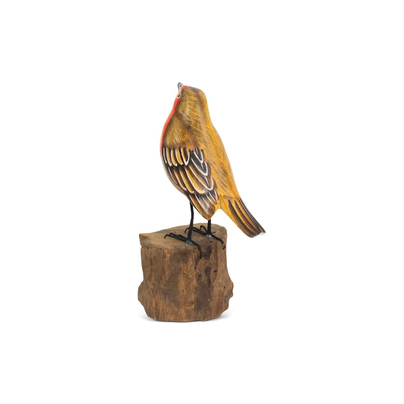Wood European Robin Figurine - Hand Carved Songbird Sculpture, Rustic Bird Decor on Driftwood Base