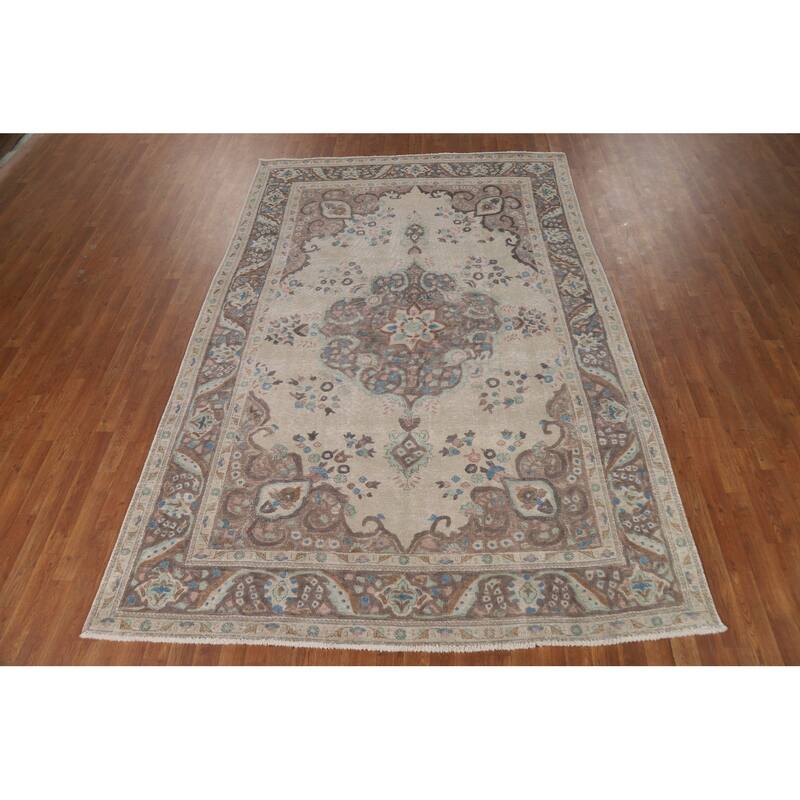 Floral Tabriz Persian Rug Hand-Knotted Traditional Beige Wool Carpet - 6'8"x 10'0"