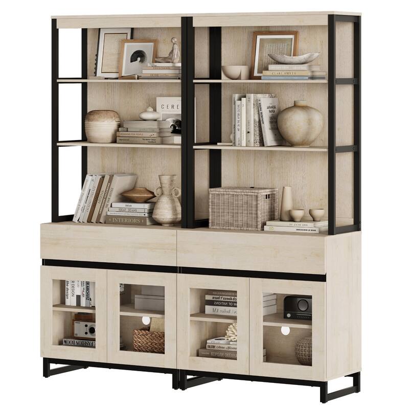 2 PCS Modern 72" Tall Bookcase with 2 Drawers and Open Book Shelfs for Home Office, Living room.