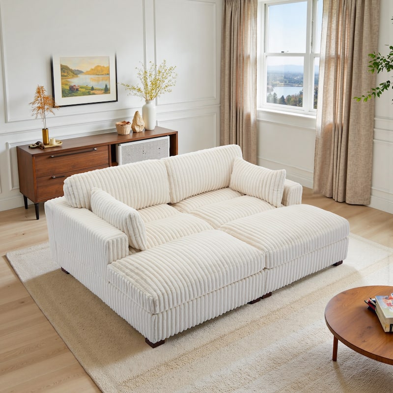 Modern Modular Flannel Fabric Upholstered Sectional Sofa with Square Arm - White