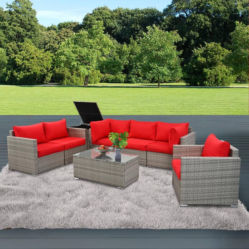 8-Pieces Wicker Outdoor Sectional Set with Glass Coffee Table and Cushions
