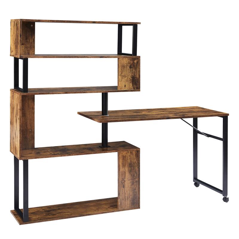 Home Office Computer Desk L-Shaped Corner Table, Rotating Office Desk with 5-Tier Bookshelf & Lockable Casters