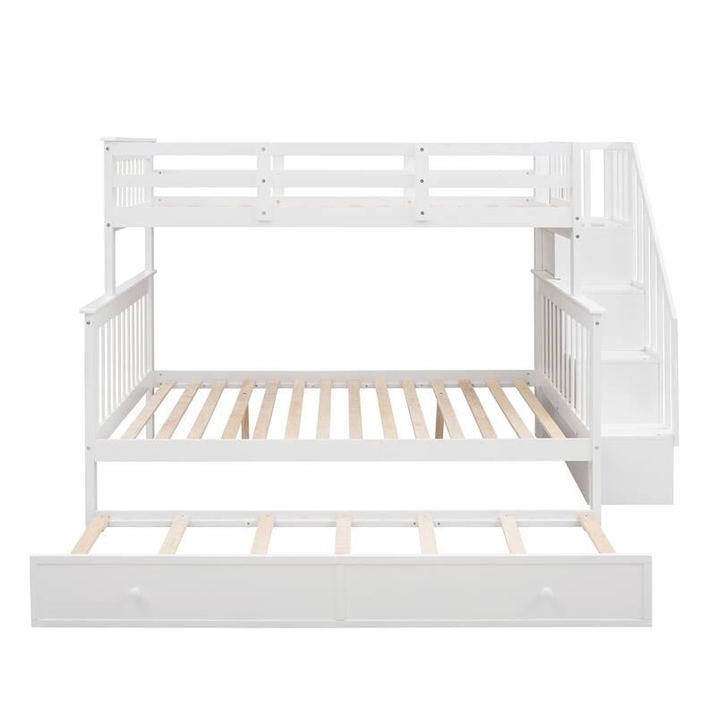 Stairway Twin-Over-Full Bunk Bed with Twin size Trundle, Storage and Guard Rail - White