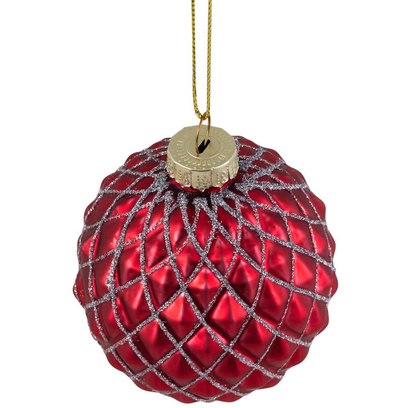 Glittered Glass Christmas Ball Ornament - 3.25" - Red and Silver