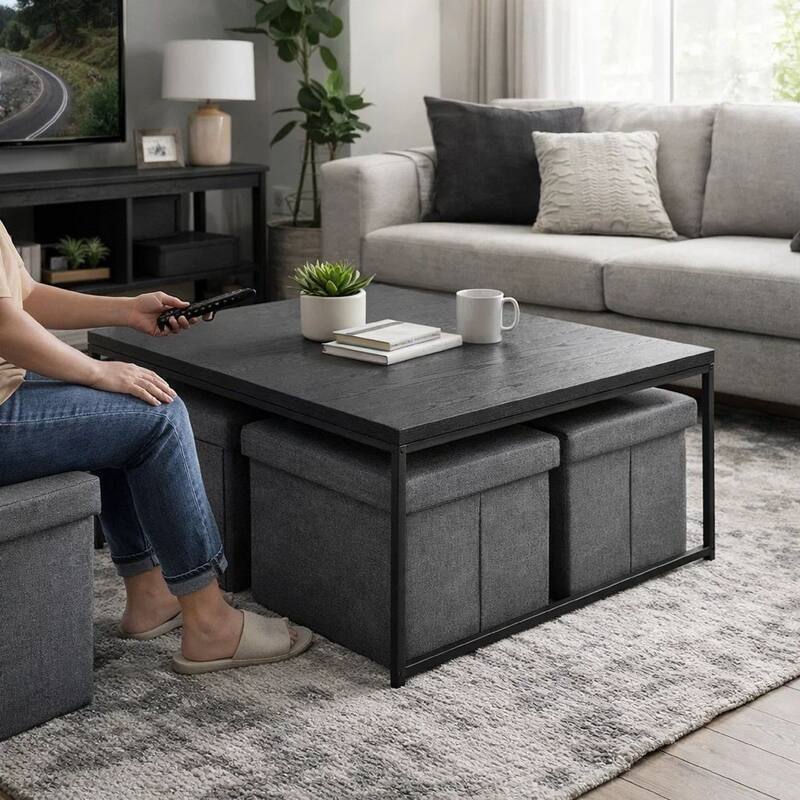 All 5 Piece Coffee Table Set, Oak Black Top with 4 Nesting Storage Bins