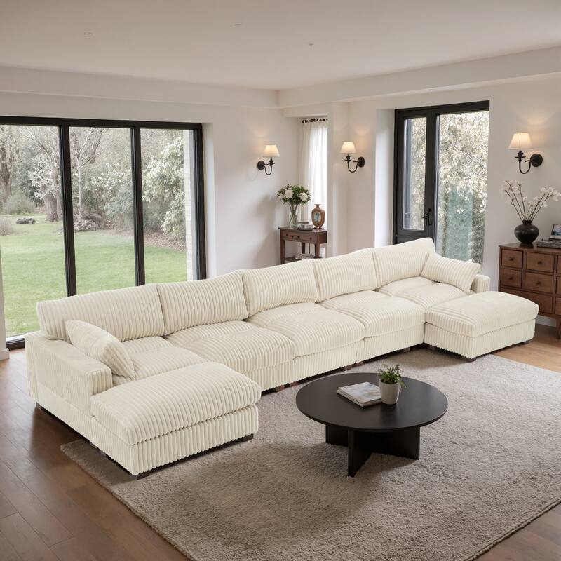 Plush Cotton Flannel Modular Sectional Sofa with 2 Ottomans