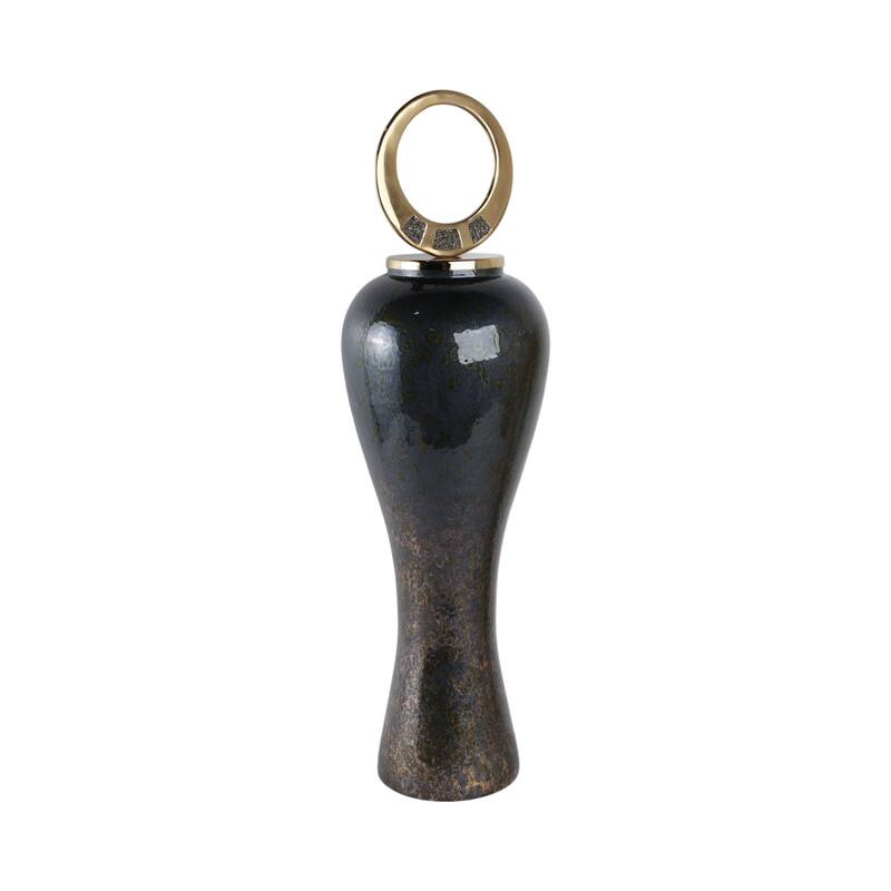 Glass Vase with Modern Sculptural Metal Brass Accent and Stone Detail