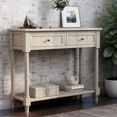 Rectangle Console Table, Pine Wood Frame Sofa Table with 2 Storage Drawers and Bottom Shelf, Carved Table legs