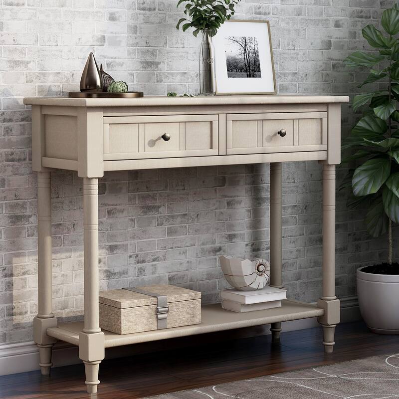 Trexm Console Sofa Table with Two Storage Drawers And Bottom Shelf - Antique Beige