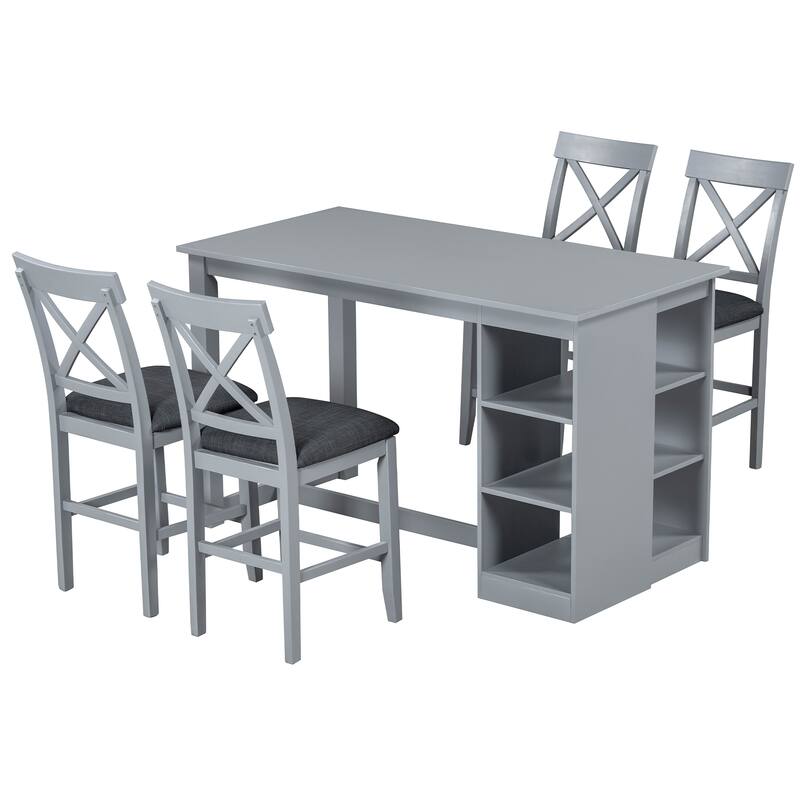 Solid Wood 5-Piece Farmhouse Dining Set with 3-Tier Side Storage, Cross Back Chairs, Counter Height Design for 4