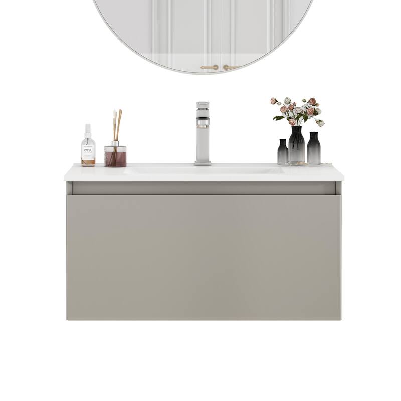 Wall-Mounted Bathroom Vanity, Floating Single Drawer Cabinet, 32 Inch Integrated Ceramic Sink