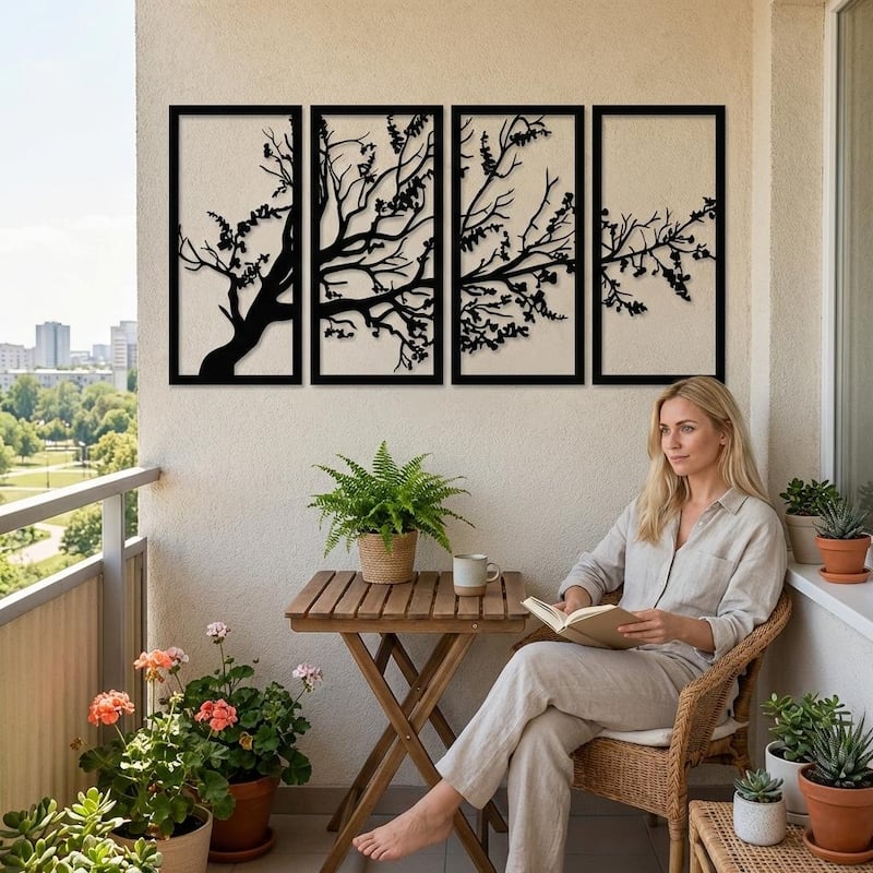 Tree of Life 4 Panels Metal Wall Decor for Home and Outside - Wall-Mounted Geometric Wall Art Decor - 69X35