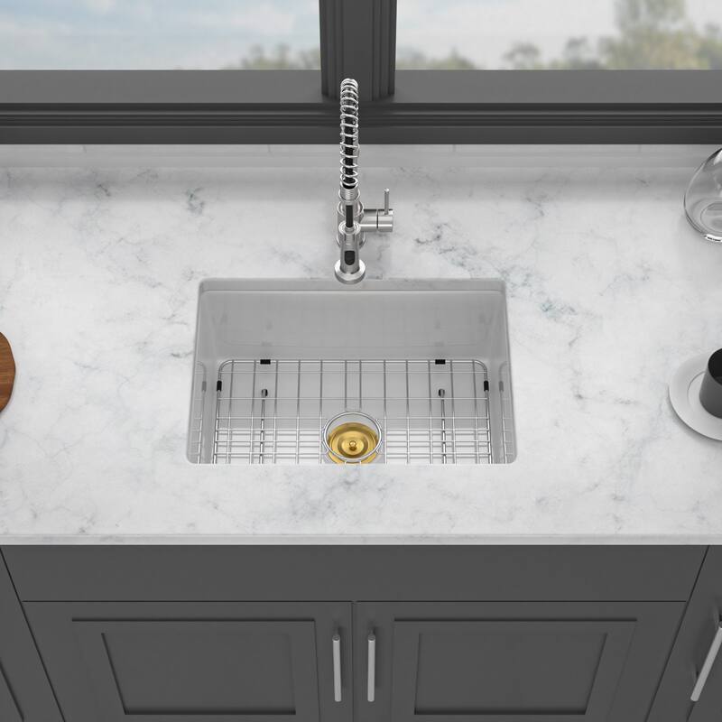 24" Undermount Single Bowl Ceramic Kitchen Sink in White - 24'' x 18'' x 9'' - White - 24'' x 18'' x 9''