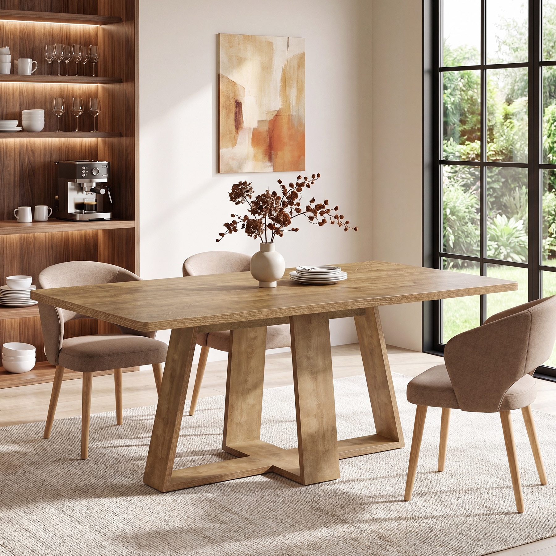63" Natural Wood Finish Rectangular Dining Table, 4-6 Seater Kitchen Table with Cross Base Legs