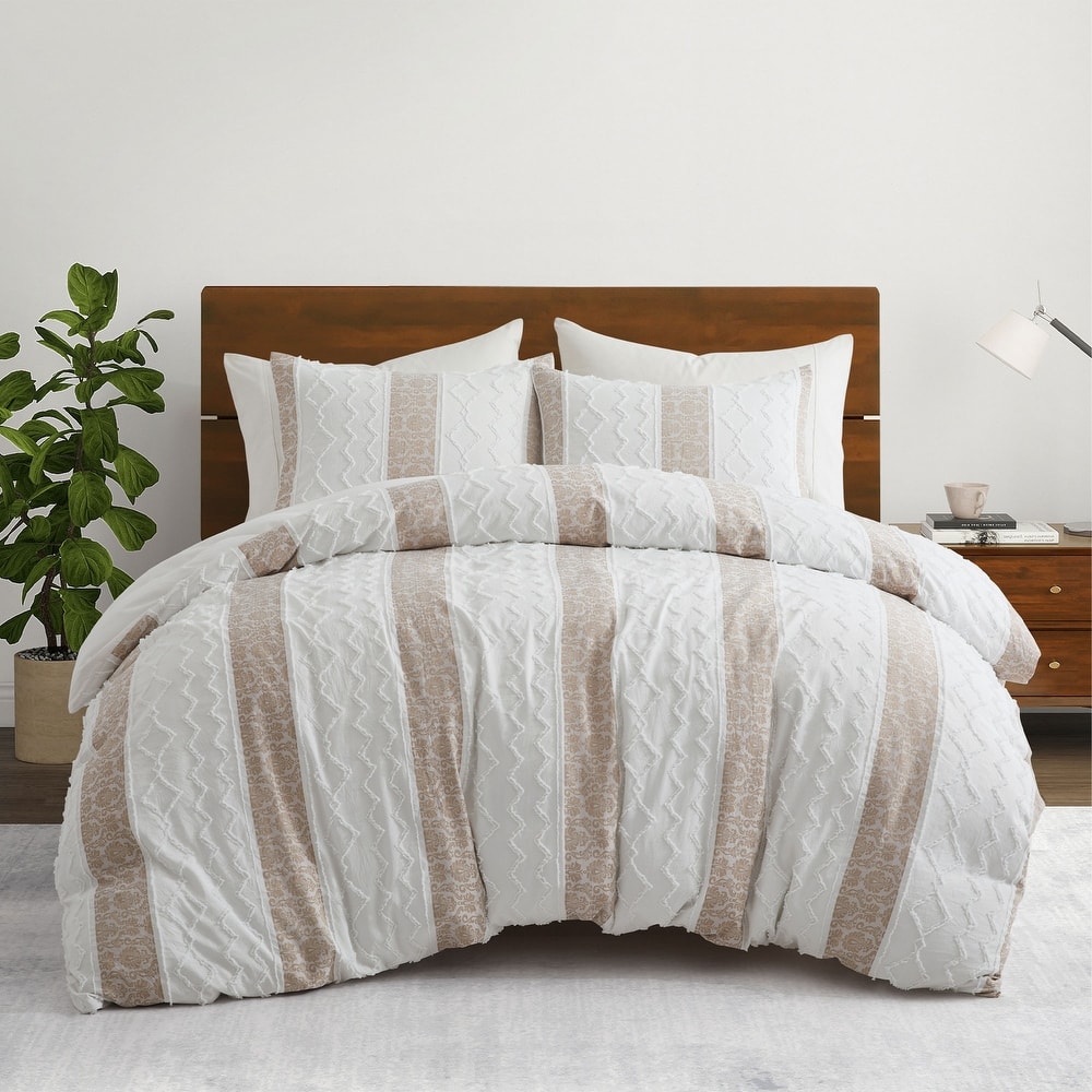 3-Piece Boho Textured Duvet Cover Set, Lightweight Geometric Stripe Bedding Set with Zipper Closure & Corner Ties